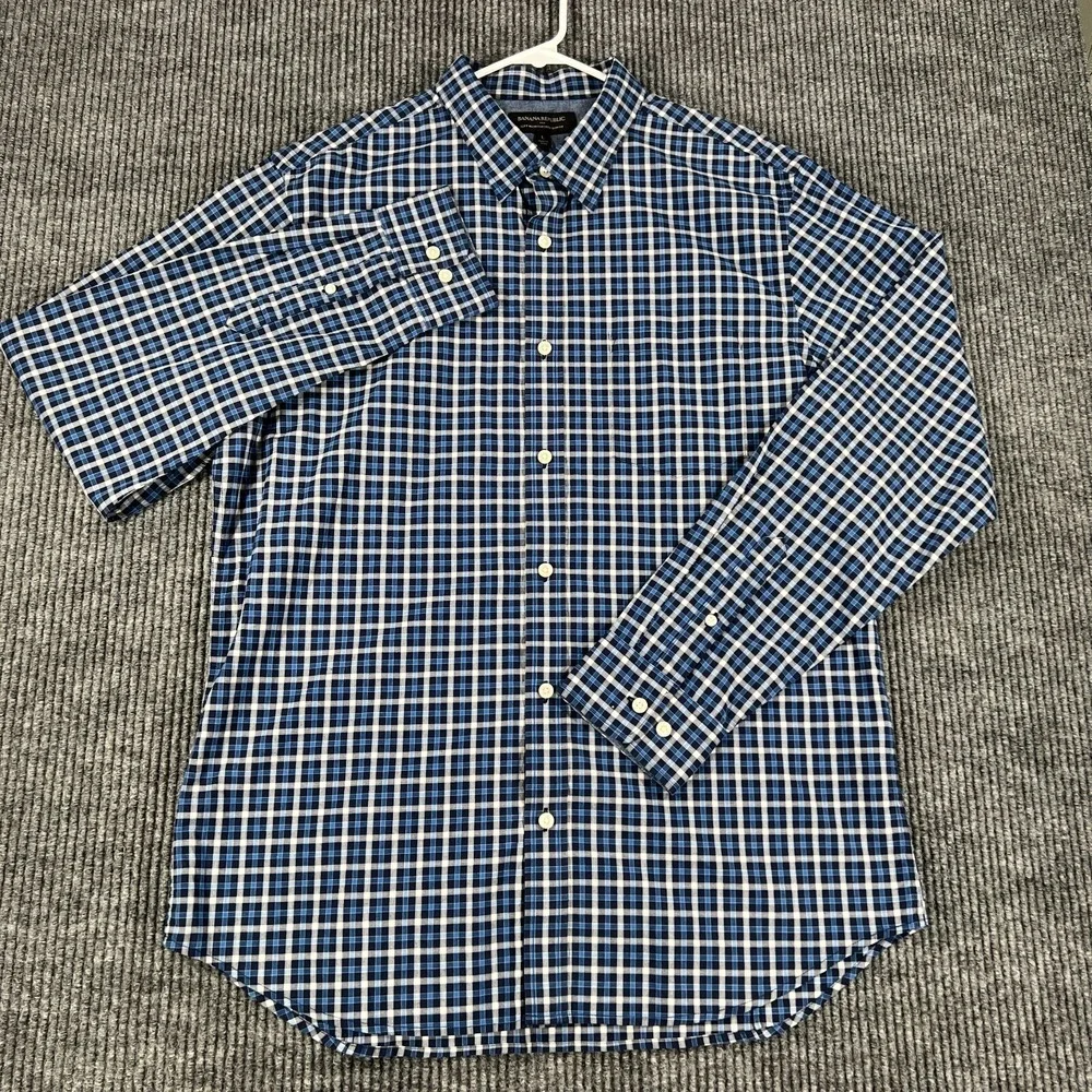 Banana Republic Shirt Mens Large Blue Plaid Long Sleeve Button Up Slim Fit